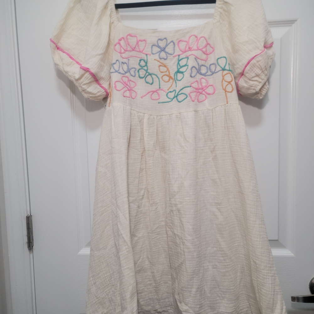 BiBi Cream Midi Dress with Colorful Floral Design